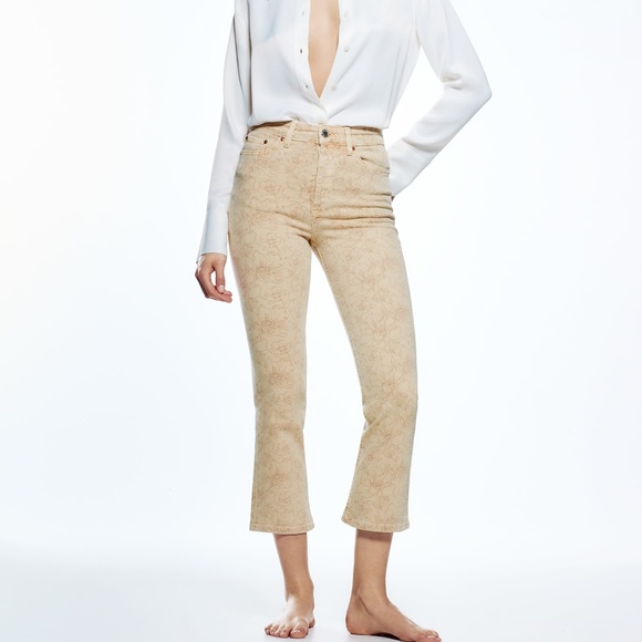 Zara ecru floral high rise slim fit cropped jeans NWT - Picture 1 of 12